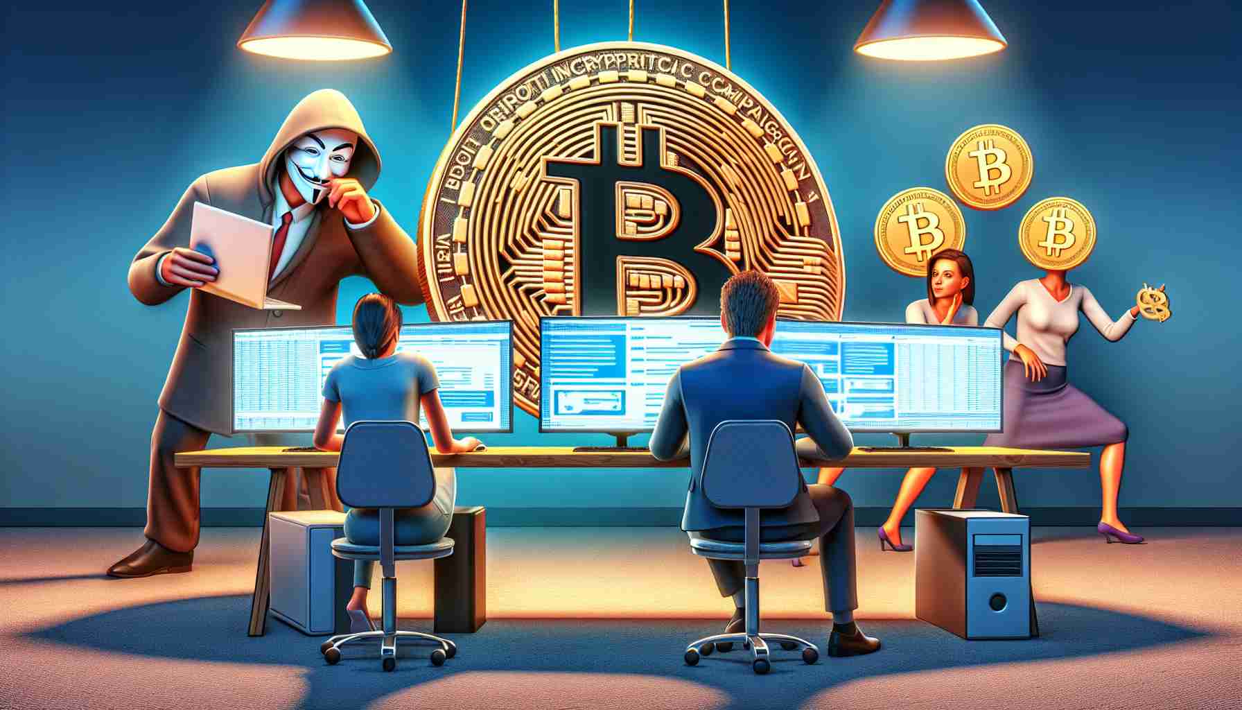 A realistic HD illustration representing the concept of unscrupulous individuals taking advantage of a political campaign's cryptocurrency adoption to deceive supporters. The scene includes symbolic elements such as a cryptocurrency logo, a duplicitous character cleverly hiding behind a computer, indicative of online scamming, and unsuspecting supporters shown as figures engrossed in digital screens unaware of the deceit. This image is in no way affiliated to any real political campaign or individual.