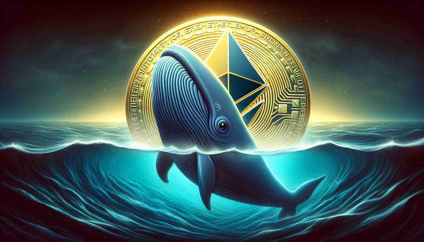 Create a symbolic representation of 'Ethereum Attracts Significant Whale Interest Despite Price Uncertainty'. The image should depict a literal large whale, gravitated towards an Ethereum logo, reflecting a high degree of interest. It is amidst a turbulent sea, symbolizing the price uncertainty. The overall design should be realistic and in high-definition.