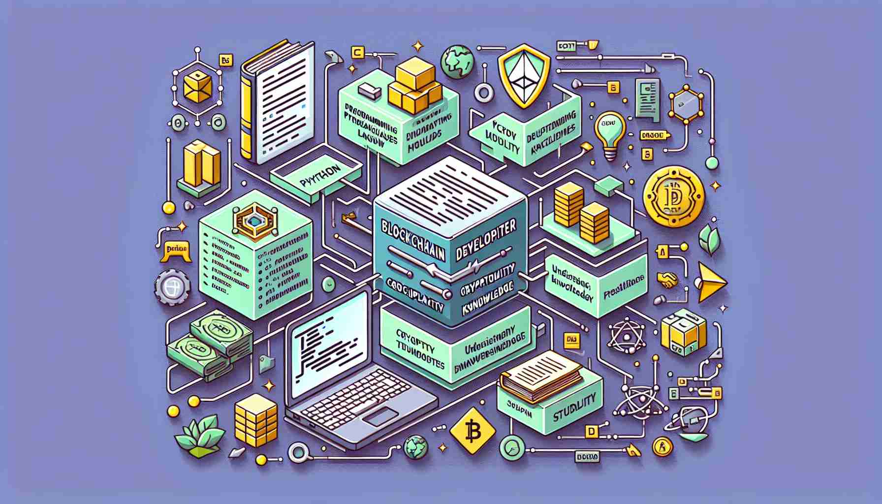 Create a high-definition and realistic picture illustrating the major qualifications needed for prospective blockchain developers. The image can include elements like programming languages (Python, Solidity), cryptography knowledge, understanding of blockchain principles, and proficiency in data structures. The details could be presented in the form of visuals related to coding, graphs, flowcharts, educational symbols, or references to blockchain technology. However, avoid using specific books or recognizable academic institute logos.