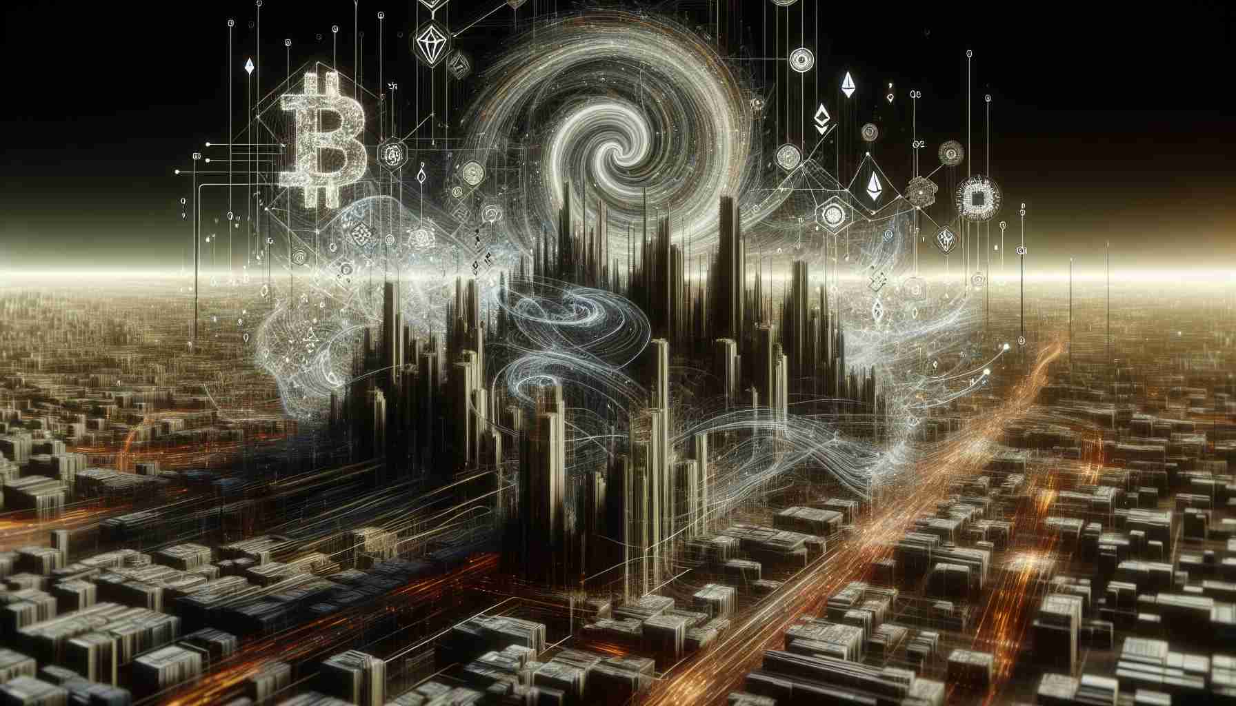 A visual representation of an intricate digital empire composed of complex lines of coding, swirling cryptocurrency symbols, and a network of interconnected nodes. This empire is a symbol of a sharp, tenacious and innovative strategist in the field of cryptocurrency, without referencing real people. The image should be in high definition and depict a realistic view of the expansive digital landscape.