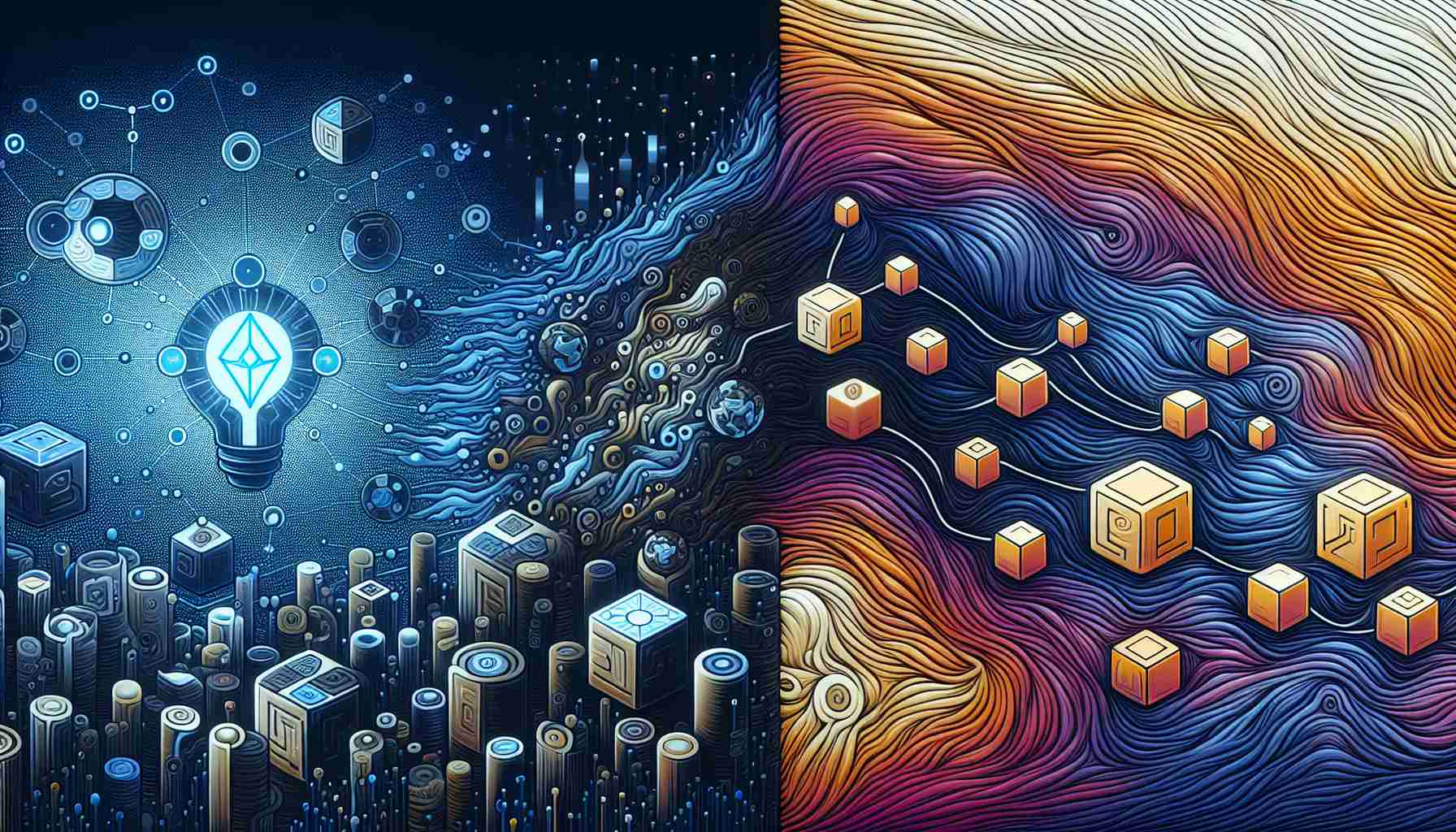 Generate a realistic, high-definition illustration symbolizing increased developer activity in an abstract representation of the Flow Blockchain concept, compared to a subdued representation of the Decentraland concept. The two contrasting elements can be on opposite sides of the image, with clear visual cues indicating superior activity and vibrance on the Flow Blockchain side.