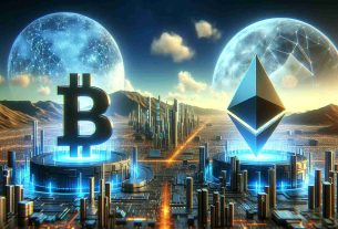 Create a realistic, high-definition image featuring the symbolic representation of the future of cryptocurrency. Show two structures standing side by side. Each structure should be designed uniquely to indicate the distinct natures of Bitcoin and Ethereum derivatives. Furthermore, depict the structures in a setting that represents the future, perhaps with advanced technologies, futuristic landscapes, and digital aesthetics.