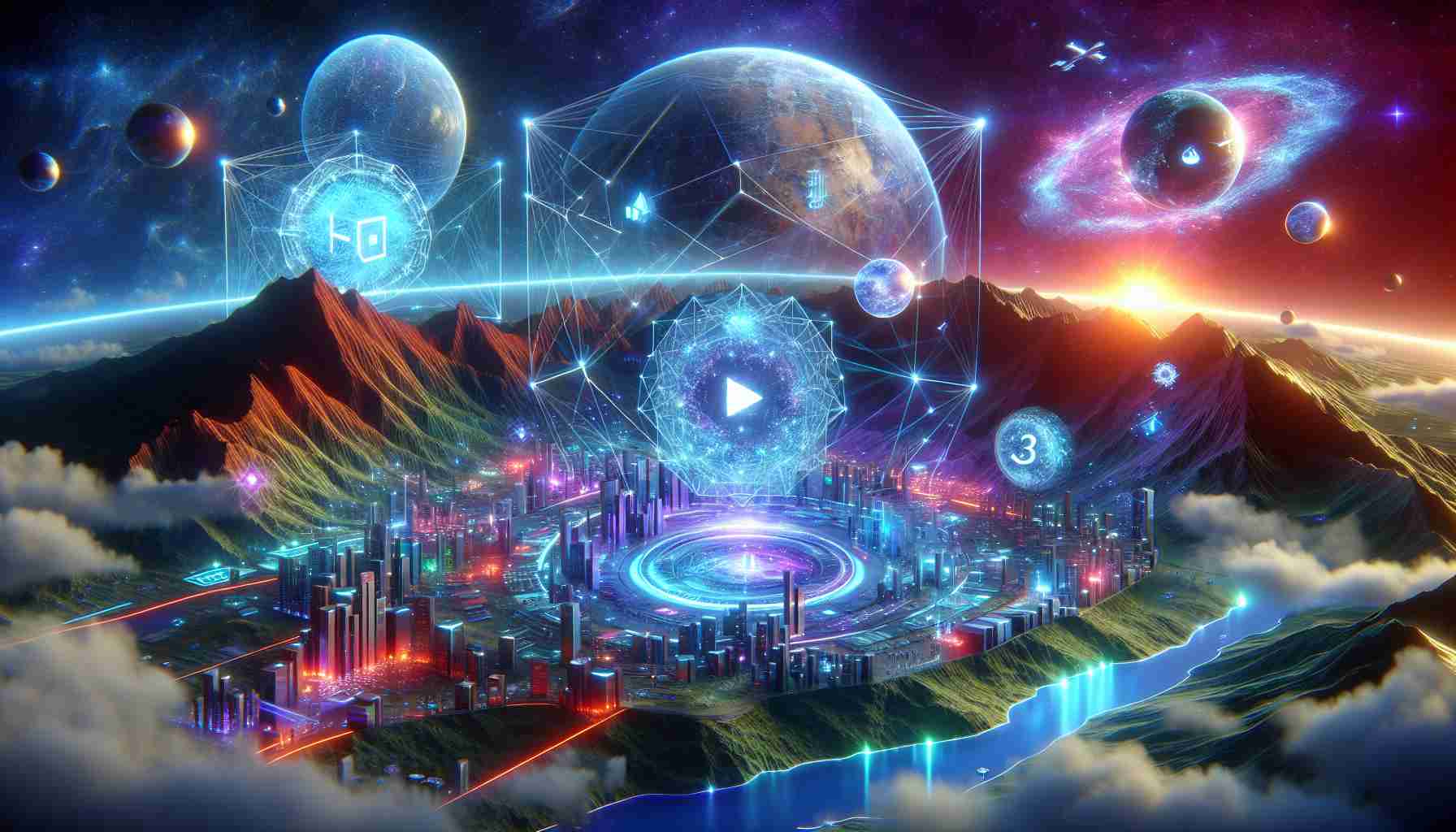 High definition, realistic representation of the landscape of Web3 gaming. The image should showcase advanced elements of Web3 gaming, such as decentralized architecture and blockchain integration. In the scene, include emerging technologies like NFTs and cryptocurrency interwoven into the gaming universe. Envision adaptable, immersive 3D environments, with a radiant color palette to emphasize the forward-thinking and innovative nature of this realm.