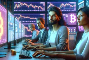 High-definition, realistic depiction of a diverse group of people operating computer systems for Bitcoin mining. The individuals, a South Asian woman and a Hispanic man, are depicted in a tech-filled room with multiple screens displaying cryptocurrency graphs showing a decline. Their facial expressions reflect caution and thoughtful restraint, indicating their decision to hold back from transferring their mined Bitcoins to an exchange.