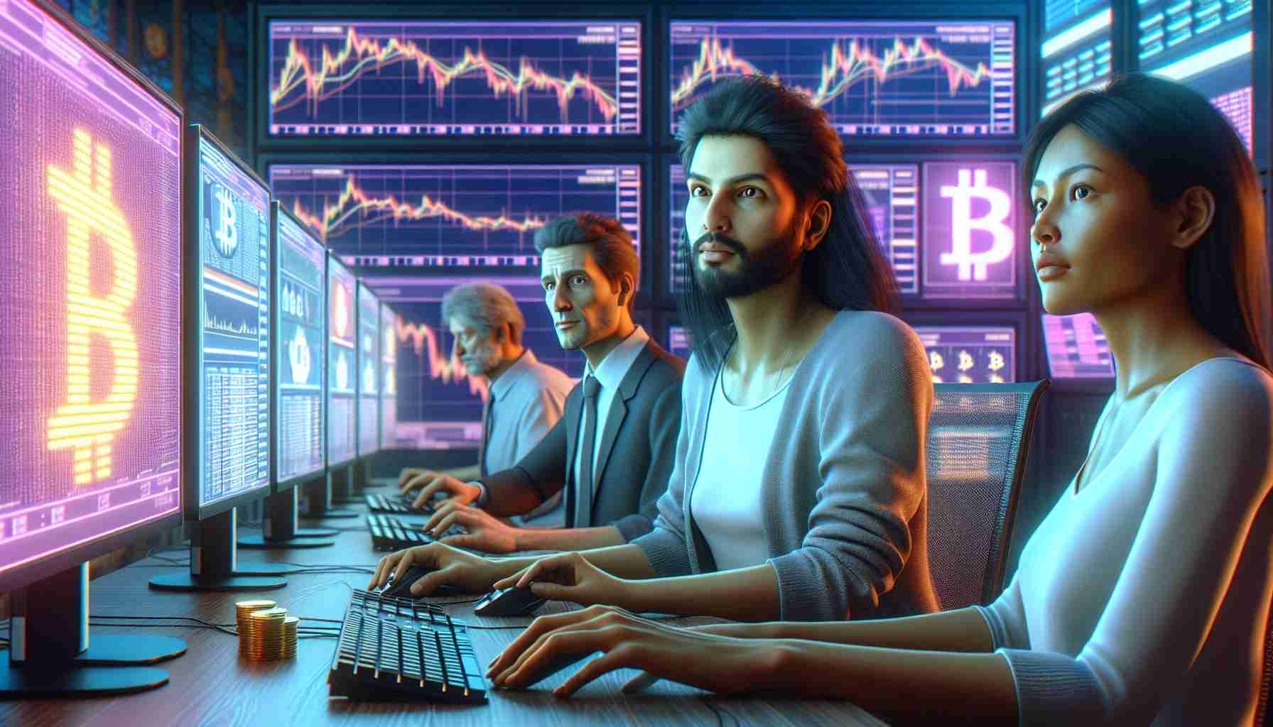 High-definition, realistic depiction of a diverse group of people operating computer systems for Bitcoin mining. The individuals, a South Asian woman and a Hispanic man, are depicted in a tech-filled room with multiple screens displaying cryptocurrency graphs showing a decline. Their facial expressions reflect caution and thoughtful restraint, indicating their decision to hold back from transferring their mined Bitcoins to an exchange.