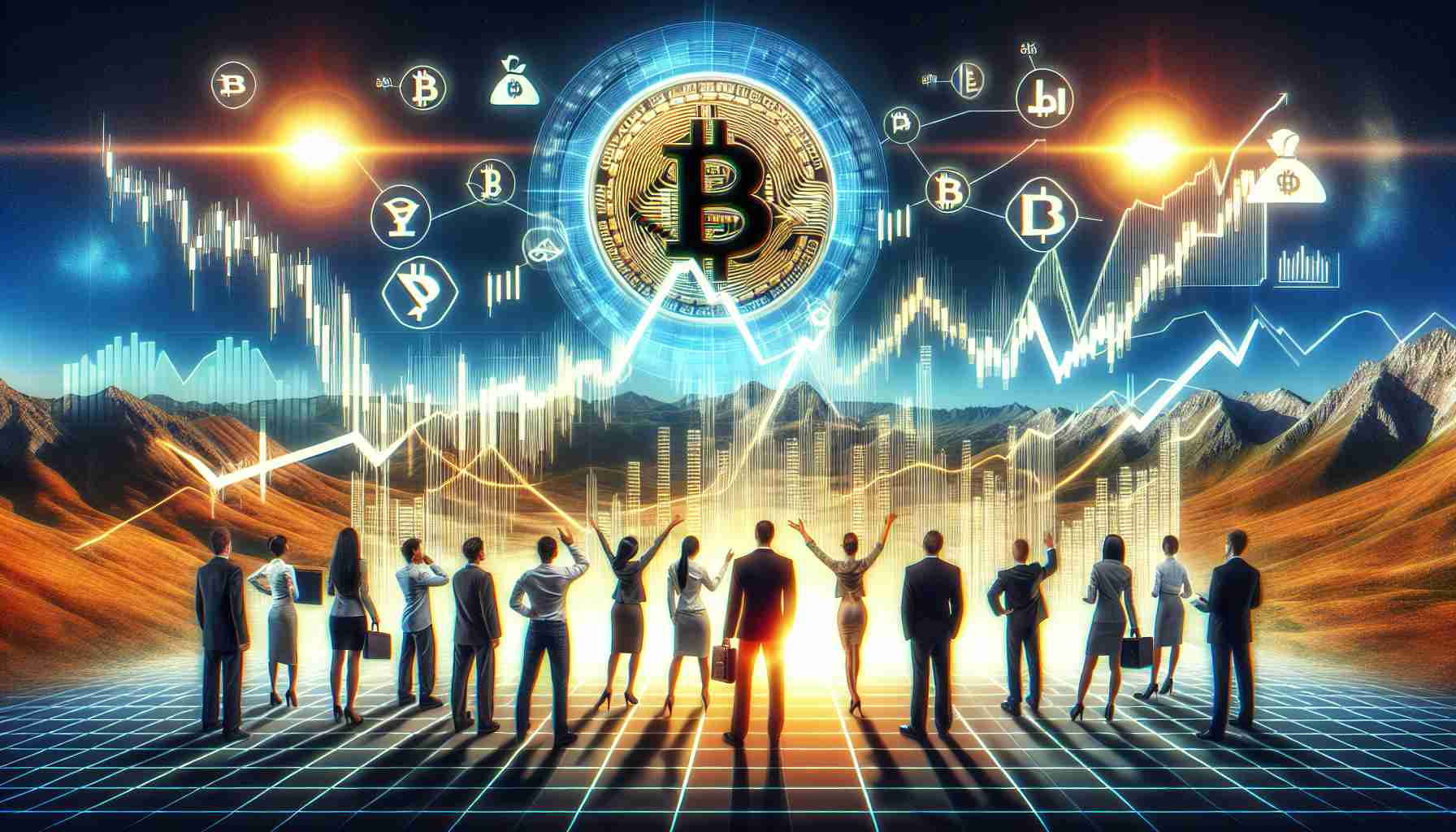 Create a hyperrealistic image illustrating the concept of Bitcoin attracting interested buyers despite its price fluctuations. Include various symbolic elements: Bitcoin logos, prospective buyers from different descents and genders, and a dynamic background that visualizes price changes, such as large, striking graphs or charts with peaks and valleys representative of the markets. Ensure the image is of high definition quality.