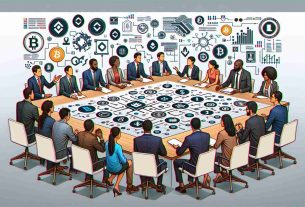 Create a realistic high-definition image of a diverse assembly of individuals, identified as a Nigerian blockchain group, positioned in a meeting setting. They are in a heated discussion, representing a dispute. Background elements hint at the topic being the well-known cryptocurrency exchange platform, Binance. Include various tokens and cryptocurrencies diagrams, code snippets or digital elements as a part of the decor. Please avoid creating images of specific individuals or identifiable Binance logos.