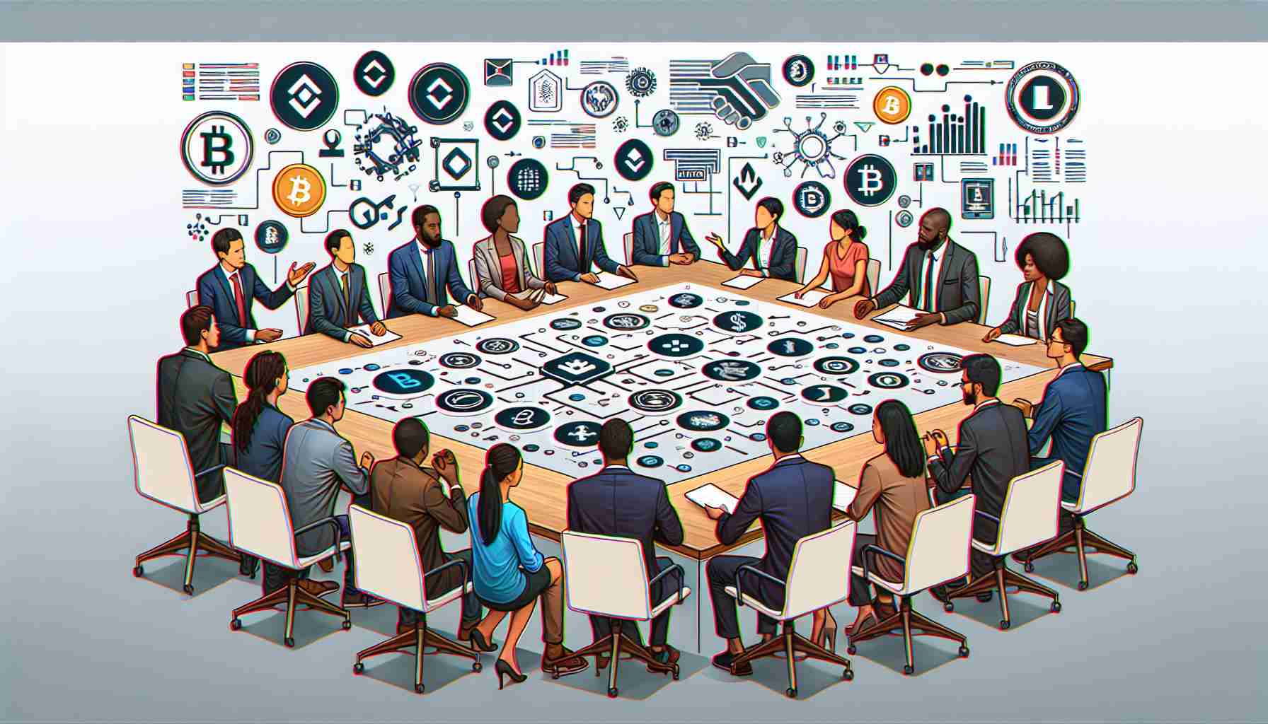 Create a realistic high-definition image of a diverse assembly of individuals, identified as a Nigerian blockchain group, positioned in a meeting setting. They are in a heated discussion, representing a dispute. Background elements hint at the topic being the well-known cryptocurrency exchange platform, Binance. Include various tokens and cryptocurrencies diagrams, code snippets or digital elements as a part of the decor. Please avoid creating images of specific individuals or identifiable Binance logos.