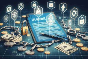 A high-definition, realistic illustration showcasing the concept of blockchain technology revolutionizing life insurance. The image should depict symbols of life insurance, such as a policy document, along with iconic blockchain symbols like chain links or blocks. Additionally, represent the concept of tokenisation with visual elements like digital tokens or coins.