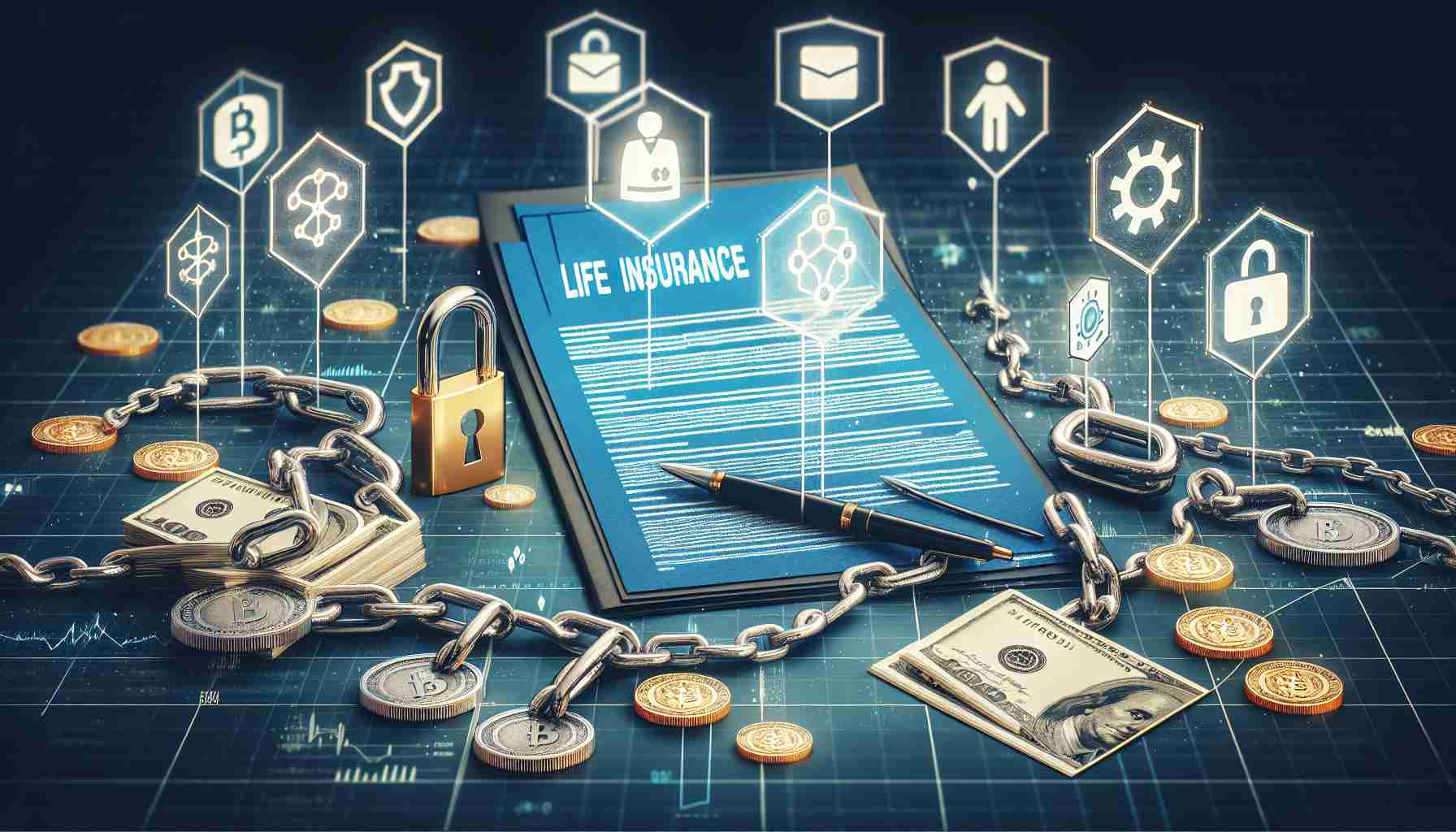 A high-definition, realistic illustration showcasing the concept of blockchain technology revolutionizing life insurance. The image should depict symbols of life insurance, such as a policy document, along with iconic blockchain symbols like chain links or blocks. Additionally, represent the concept of tokenisation with visual elements like digital tokens or coins.