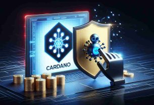 A high-definition image presenting a symbolic representation of the Cardano cryptocurrencies platform successfully preventing a security breach. Visualize a strong barrier or a shield representing Cardano ('Cardano' can be written on the barrier or shield), blocking a visual symbol of a security threat, perhaps represented by a computer virus or hacker icon.