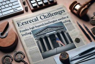 generate a realistic HD image of a newspaper headline that reads 'Fresh Legal Challenges Await SEC Following Supreme Court Ruling'. There should be some accompanying imagery that is typically associated with courts and legal rulings such as a courthouse, gavel, and legal documents.