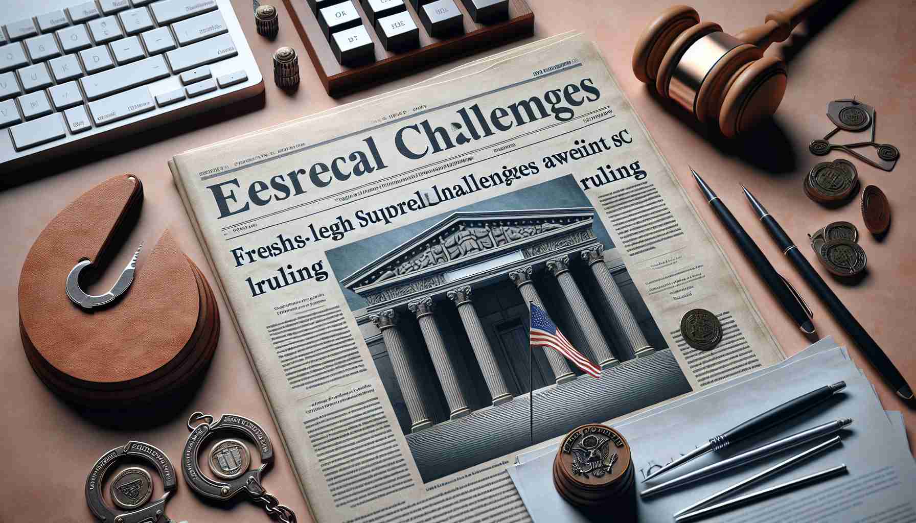 generate a realistic HD image of a newspaper headline that reads 'Fresh Legal Challenges Await SEC Following Supreme Court Ruling'. There should be some accompanying imagery that is typically associated with courts and legal rulings such as a courthouse, gavel, and legal documents.