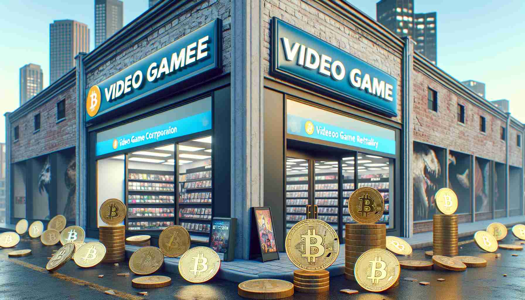 A high-definition realistic image representing the potential revolution of a major video game retail corporation steering towards cryptocurrency, specifically Bitcoin. Show the corporation's typical store front, with visible signage replaced by symbols of Bitcoin. The scene should also convey the changing landscape of commerce and trade.