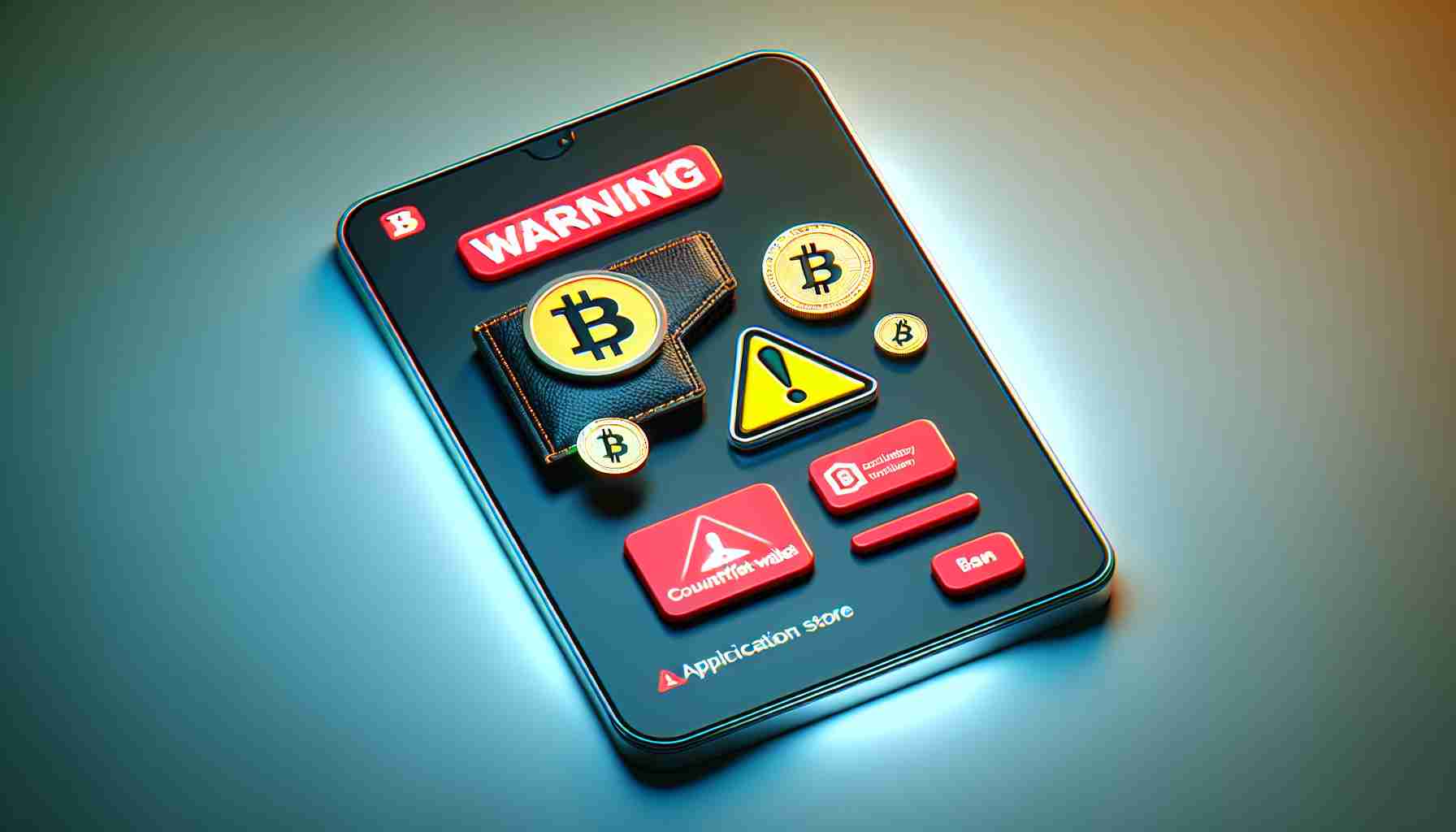 A high-definition, realistic image depicting a warning about a scam: a counterfeit digital currency wallet that has been discovered on an application store. The alert should be visually alarming, potentially featuring a warning icon or red flags to signify danger. There should be a clear contrast between the counterfeit wallet and a legitimate one to emphasize the malfeasance. Please do not represent any specific company, logo, or individual.