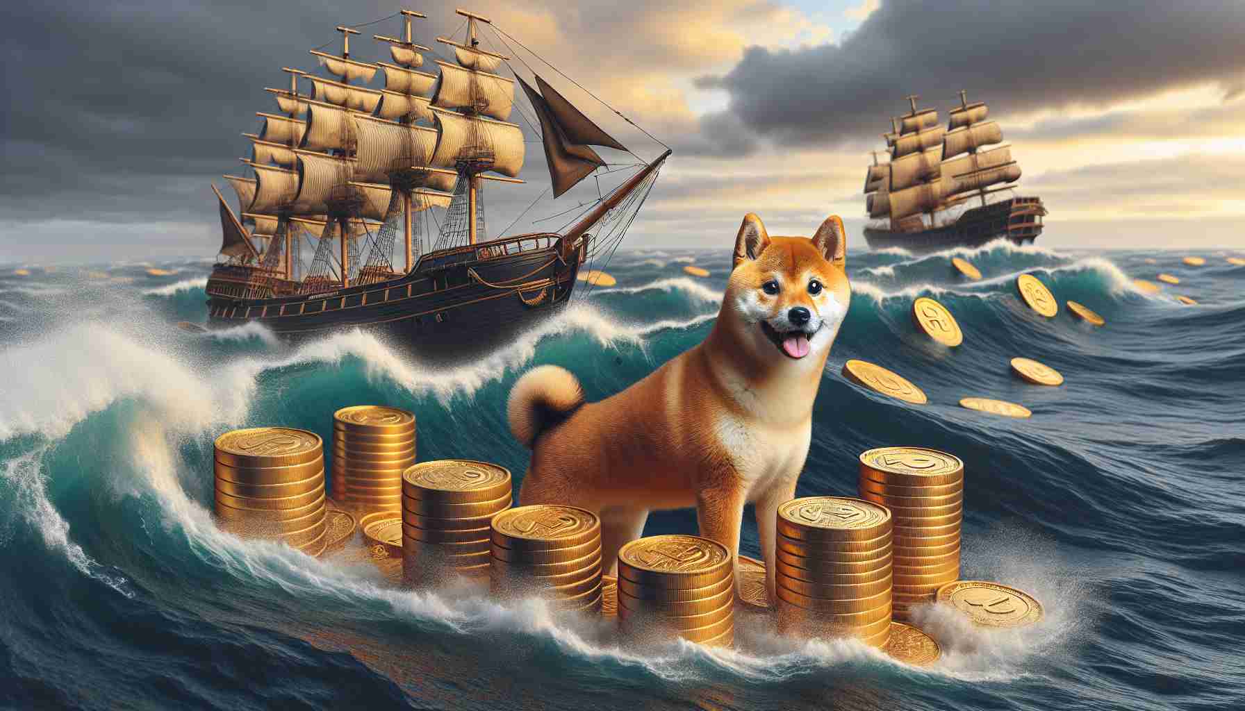 Realistic high-definition photo of Shiba Inu breed of dog in a scene depicting the concept of 'whales offloading coins amid a market downturn'. This can be illustrated by showing the Shiba Inu on a ship, surrounded by large barrel sized coins being offloaded during a turbulent sea, symbolizing the financial market downturn.