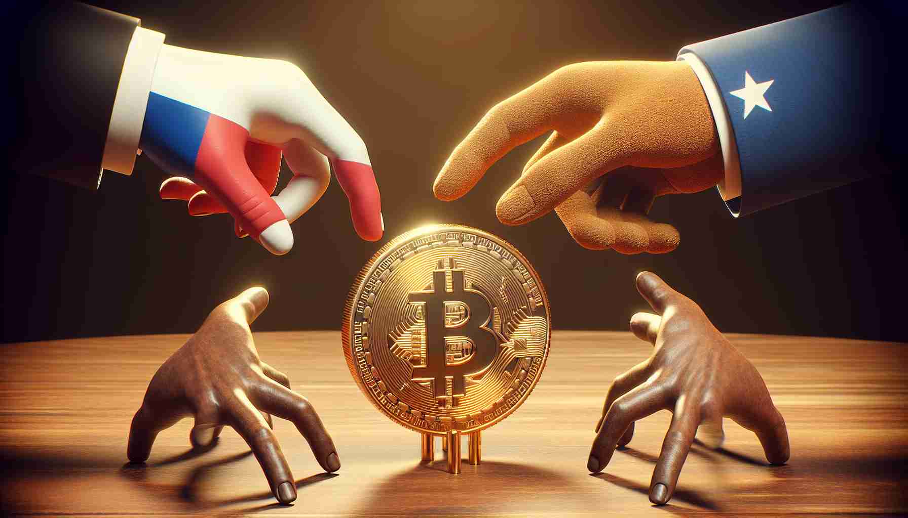 Realistic, high-definition image focusing on symbolic representation of cryptocurrency influence on political election and campaign funding. The image could depict two large hands (representing political parties) reaching towards a golden coin (symbolizing cryptocurrency), showcasing the gradual acceptance and influence of digital currencies in the political landscape. Please refrain from including individual politicians or specific parties, keeping attention on the concept itself.