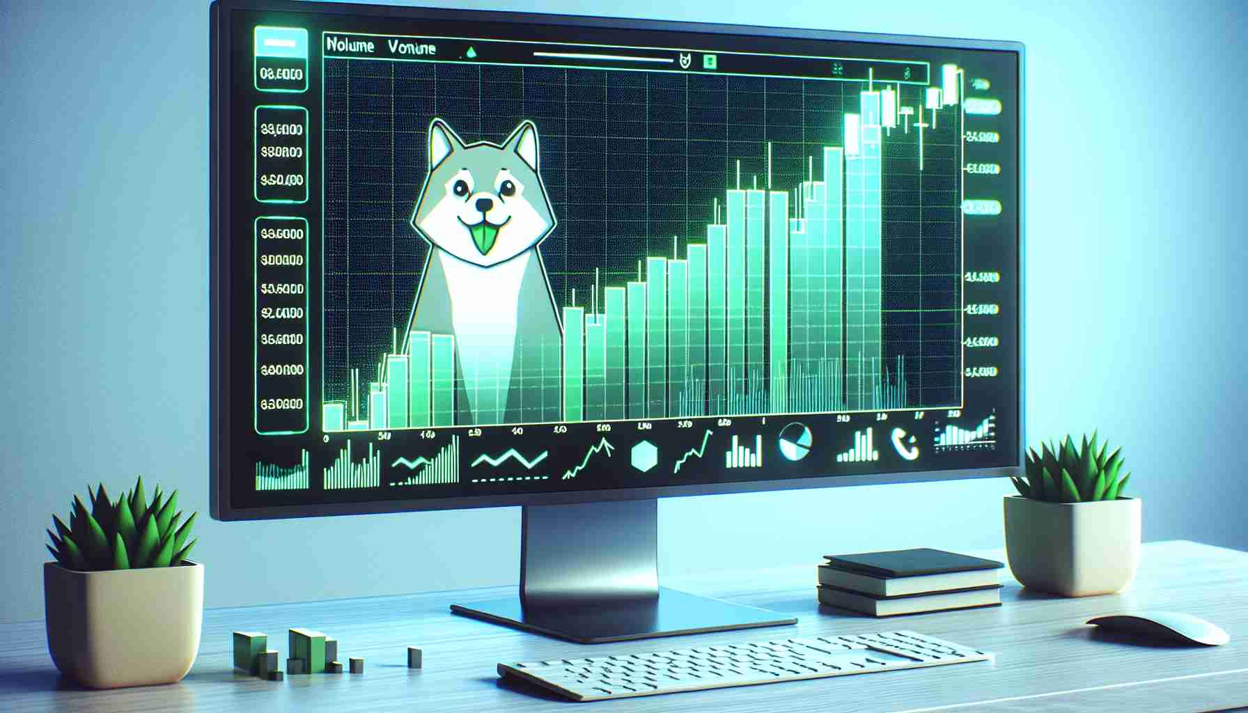 An HD snapshot of a computer screen displaying a digital financial market chart. The chart plot represents positive price movement of a generic, fictional cryptocurrency. The green upward trending graph line signals market optimism. The chart's backdrop contains minimalist design elements and indicators like volume bars, moving averages, and RSI. The cryptocurrency's logo, a playful, animated Inu dog, is visible in a corner of the chart. Remember, no real cryptocurrency names or logos are evident in the image.