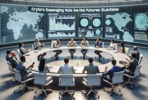 An HD photo realistic representation of a discussion panel labeled 'Crypto's Expanding Role in the Future Elections'. The discussion is led by an anonymous individual named Jacob, depicted as a middle-aged Caucasian man with glasses and a light grey suit. He is seen conversing with a variety of multiracial, male and female panel members, each expressing their viewpoints passionately. The room appears modern, filled with a large circular table and multimedia screens displaying elaborate charts and graphs related to cryptocurrency and its potential influence on future electoral processes.