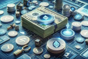 Create a realistic HD image visualizing the concept of Layer3 securing $15 Million for Token Distribution Innovation. Show dollar bills, tokens representing digital currency, and elements associated with technological innovation in a coherent, captivating scene.