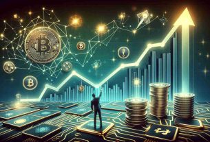 Create a high-definition, realistic image based on the concept of cryptocurrency Chainlink experiencing an increase in value. The main focus should be a soaring graph line, indicating the currency's new highs. Complement the central graph with other tech and finance related elements such as circuit boards, coins, and figures pointing to the graph. Use colors usually associated with Chainlink, such as a muted navy blue and a minty green. Please avoid any association with real people or identifiable figures.