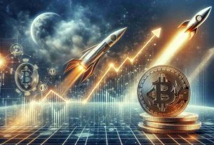 Create a detailed, high-definition image that symbolizes the potential future trajectory of Bitcoin after a halving event and the launch of an ETF. The image might include an ascending line graph representing Bitcoin's price on one side, a halved physical Bitcoin coin on another side, and a flying rocket representing the ETF launch on the final side. All of these elements are placed against the backdrop of a sophisticated digital world.