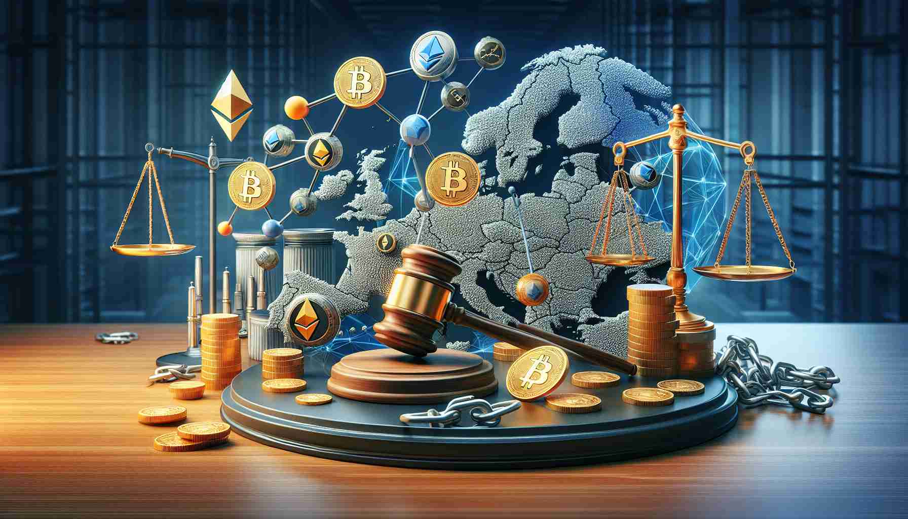 Realistically detailed image portraying a new regulatory landscape for cryptocurrency in Europe. The image should metaphorically depict Europe as a large map with various symbols of cryptocurrency like bitcoin and ethereum icons dynamically interacting with symbolic elements that represent regulations. These could be, for example, chains, locks, scales for justice, or legal gavel. The visualisation should be clear, comprehensible and designed in a high-definition quality.