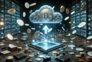 A realistic high-definition image visualizing a conceptual representation of ZKsync Blockchain launching their eagerly anticipated ZK Token Airdrop. The scene includes digital motifs such as coins raining from a digital cloud against a backdrop of complex cybernetic structures and circuits representing the blockchain technology.