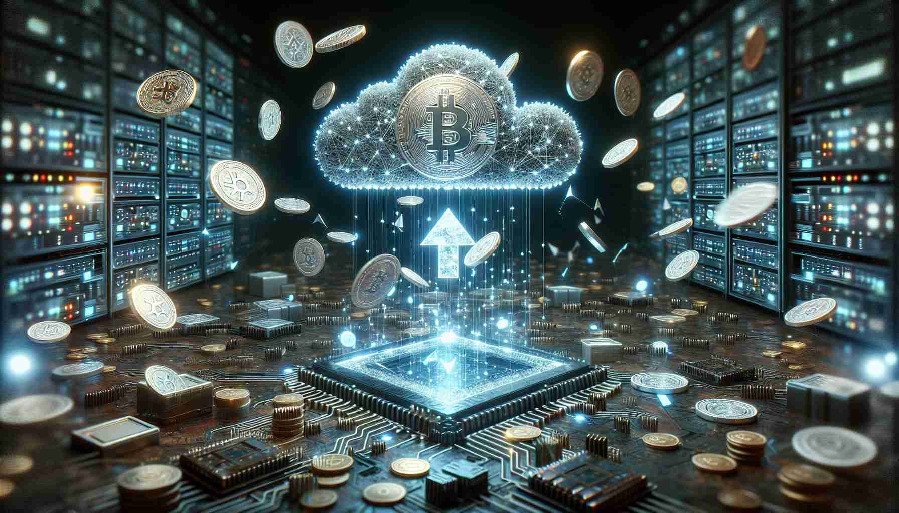 A realistic high-definition image visualizing a conceptual representation of ZKsync Blockchain launching their eagerly anticipated ZK Token Airdrop. The scene includes digital motifs such as coins raining from a digital cloud against a backdrop of complex cybernetic structures and circuits representing the blockchain technology.