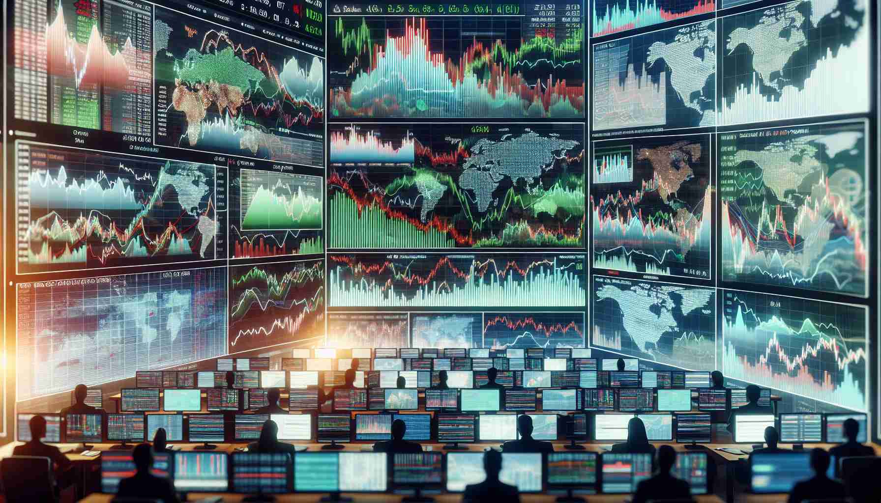 Create an image that represents a scene of mixed performance in international stock markets. Display a variety of charts implying various stock movements with ups and downs. Some charts should visibly denote key stocks exhibiting considerable movements. Use green and red colors to indicate the positive and negative performance respectively. Give the scene a realistic HD quality, reflecting a busy trading floor or financial analysis room with multiple computer screens showing different data.