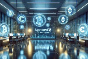 Produce an HD, hyper-realistic image that showcases Standard Chartered venturing into the cryptocurrency trading space. The image should depict a contemporary office environment, with computer screens displaying cryptocurrency trading charts. On the office's glass walls, holographic symbols of various cryptocurrencies such as Bitcoin, Ethereum, and Ripple should be floating. The floor should be reflecting the glowing symbols, creating a futuristic vibe. On a large screen in the background should be the Standard Chartered logo, promising a new frontier in finance.