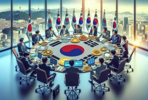 A realistic high-definition image symbolizing South Korea intensifying oversight with an extensive review of cryptocurrency tokens. The scene might showcase experts seated around a discussion table covered with various cryptocurrencies tokens, papers, and laptops. The table is situated in a modern office with large glass windows overlooking the cityscape of Seoul. The experts can be a mix of both genders and of different descents such as South Asian, Hispanic, and Middle-Eastern.