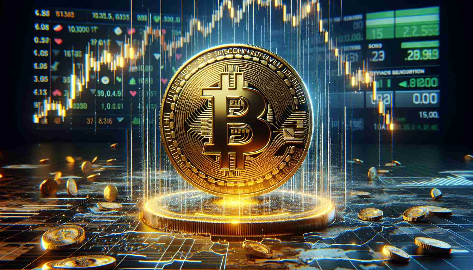 A high-definition, realistic image representative of Bitcoin's resilience in the NFT marketplace. Imagine a sturdy and shining golden Bitcoin symbol surrounded by falling graphs and charts to symbolize a decline in network activity. Make sure to portray the two spaces - Bitcoin as well as the NFT market - in a stylized visual metaphor. This scene is set on a digital background that resembles a stock market screen with various cryptocurrency tokens.