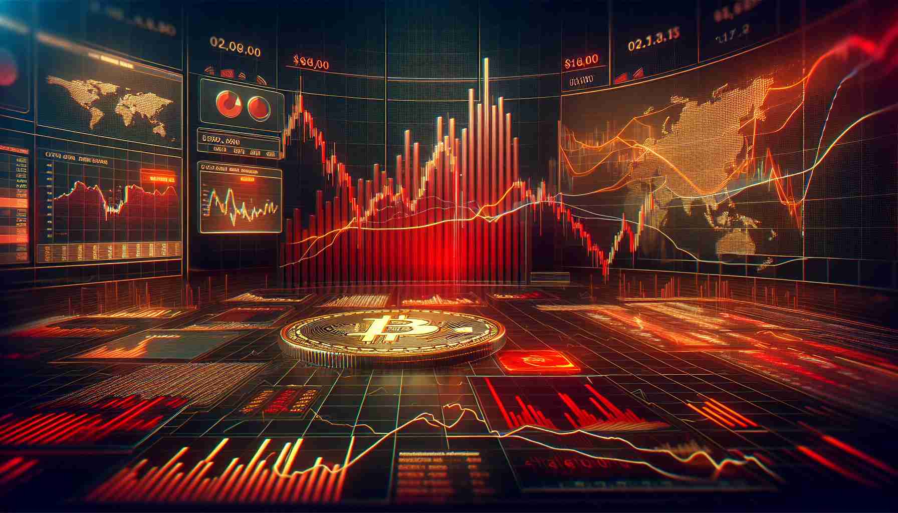 Generate a realistic, high-definition image of cryptocurrency markets experiencing a sharp decline, with the focus of the scene being on a graphic indicating that Bitcoin has dipped below $61,000. The image should include charts, graphs, and other quantitative visualizations typically associated with financial markets, such as line graphs demonstrating downward trends, candlestick charts, and more. The atmosphere of the whole scene is tense, and colors like red should predominate to convey the sense of a downturn.