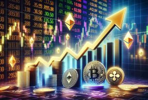 Create a high-definition realistic image that represents the concept of a potential bullish movement in the cryptocurrency market. The image should show upward-pointing arrows, positive bar graphs, and symbols of popular cryptocurrencies like Bitcoin, Ethereum, and Ripple. Add in a background of stock market screens showing rising values.