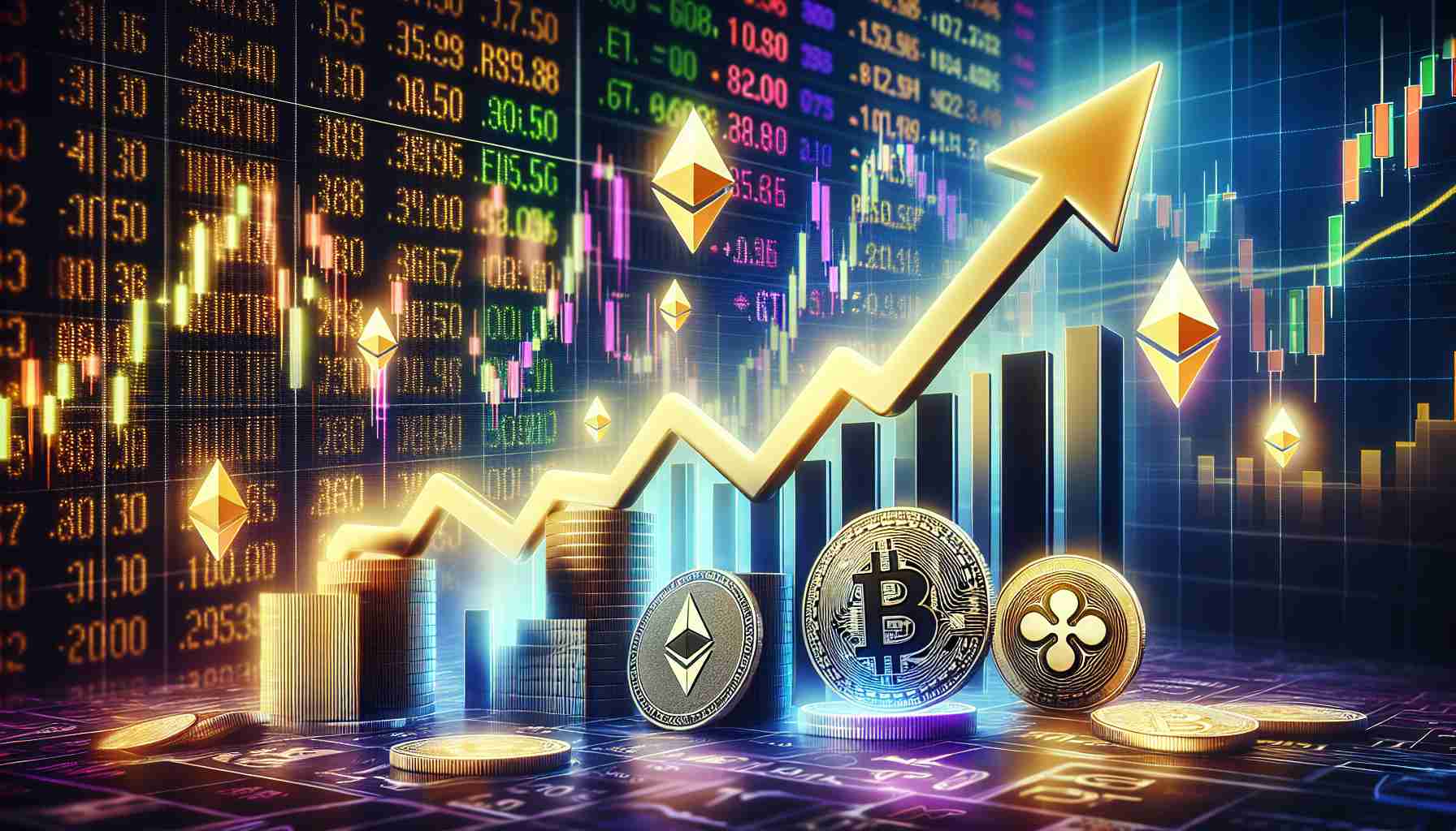 Create a high-definition realistic image that represents the concept of a potential bullish movement in the cryptocurrency market. The image should show upward-pointing arrows, positive bar graphs, and symbols of popular cryptocurrencies like Bitcoin, Ethereum, and Ripple. Add in a background of stock market screens showing rising values.