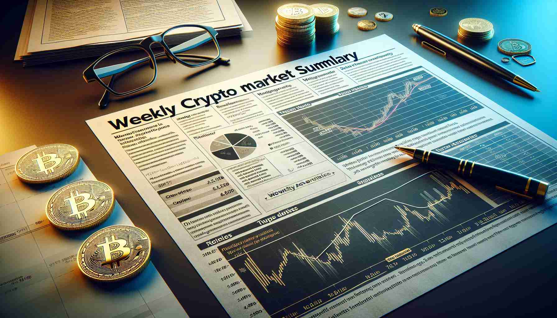 A detailed and realistic high-definition photo of a paper showing the weekly crypto market summary. The paper has headlines regarding market volatility and technological advancements within the realm of cryptocurrencies. In the background, there might be a pen and glasses indicating an analysis setup. The paper should contain charts demonstrating fluctuating values and outlines of new technologies being adopted. Alongside, scattered coins, possibly Bitcoin or Ethereum, symbolizing the subject matter.