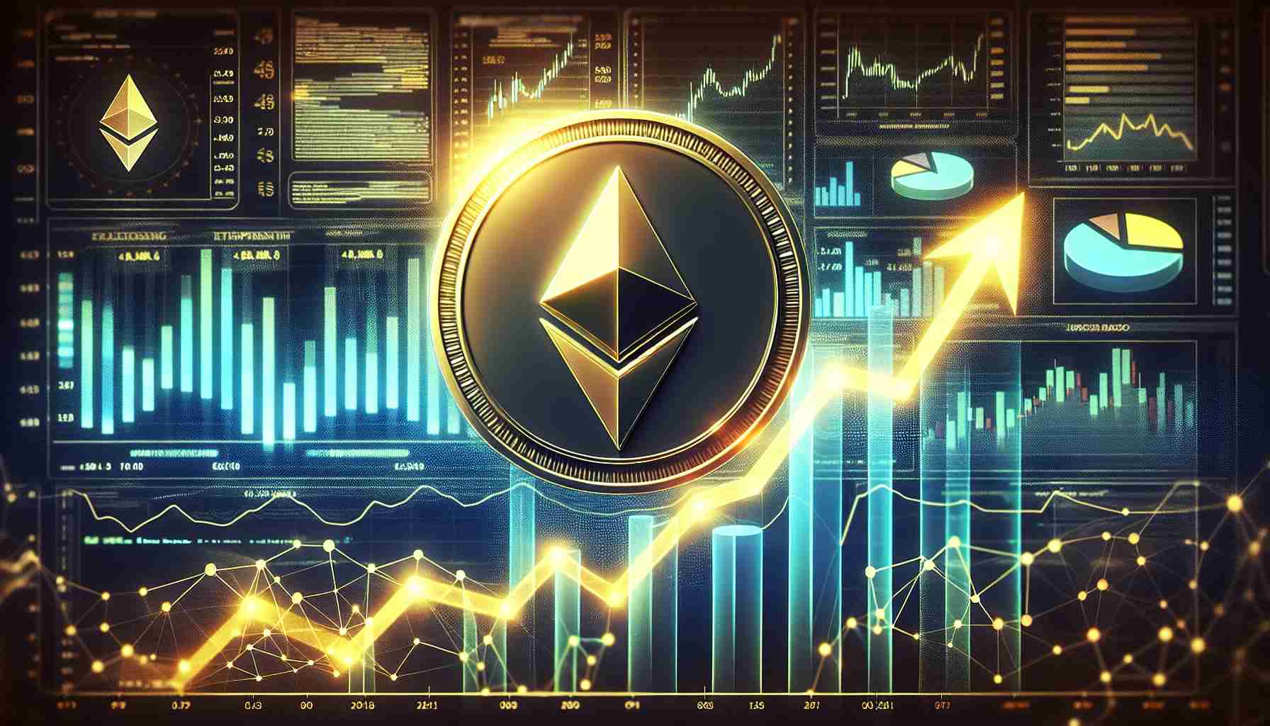 Generate a realistic high-resolution image that visually represents an optimistic forecast or prediction for the value of Solana, an emerging cryptocurrency, using symbols of growth, abundance, and prosperity. Incorporate elements that reflect the historic rise of Ethereum as an inspiration, with charts and graphs that portray a steep upward trend.