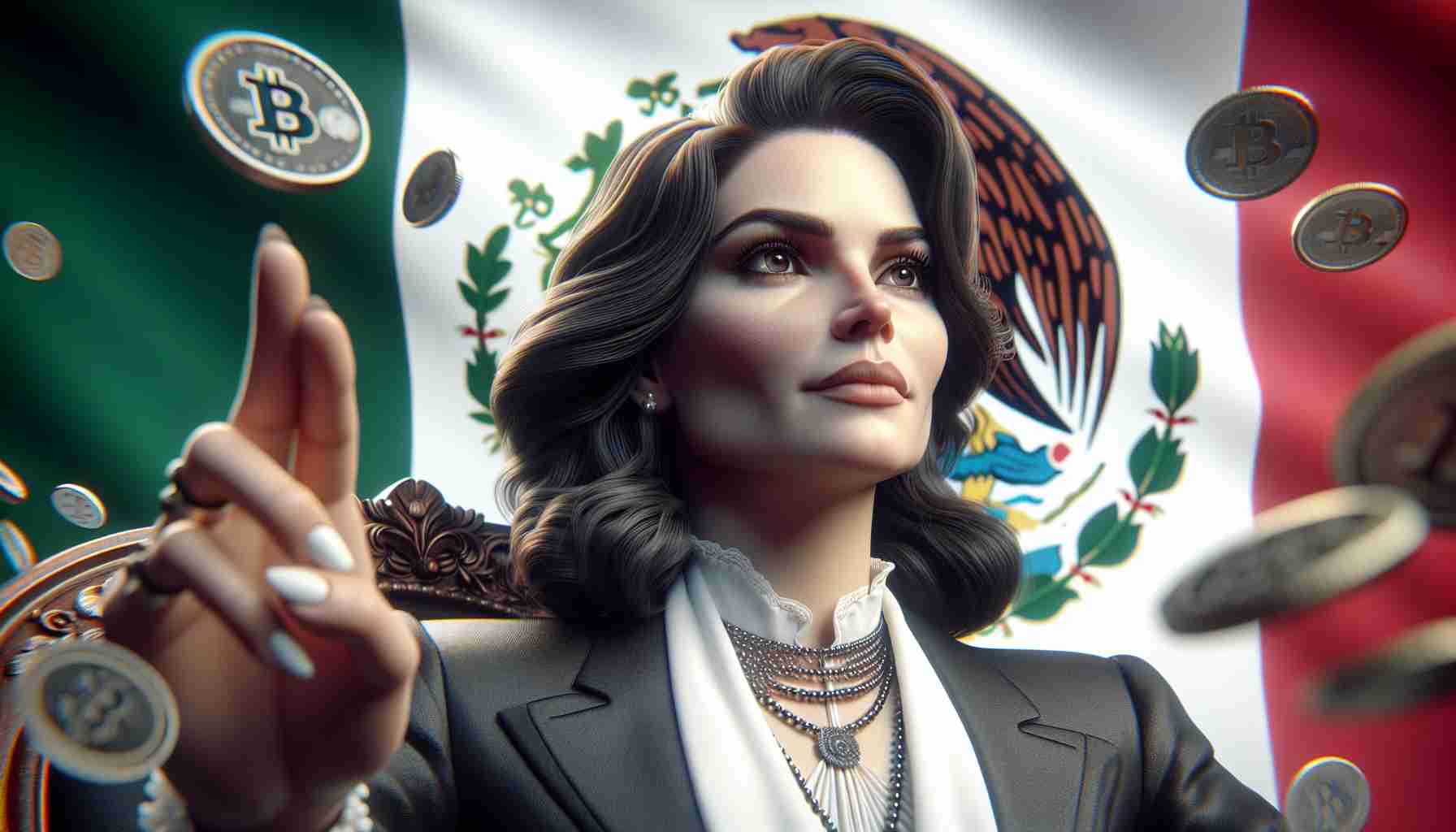 Realistic HD photo of a fictional representation of the first female president in Mexico signaling stability in cryptocurrency policy