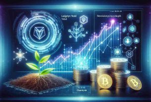 Generate a high-definition, realistic image that visually represents the concept of revolutionizing stablecoin yields using Ledgity Yield and Chainlink. Include elements such as digital coins, symbols of growth (like a rising graph line or a blooming plant), and possibly a futuristic setting to represent innovation and progression.