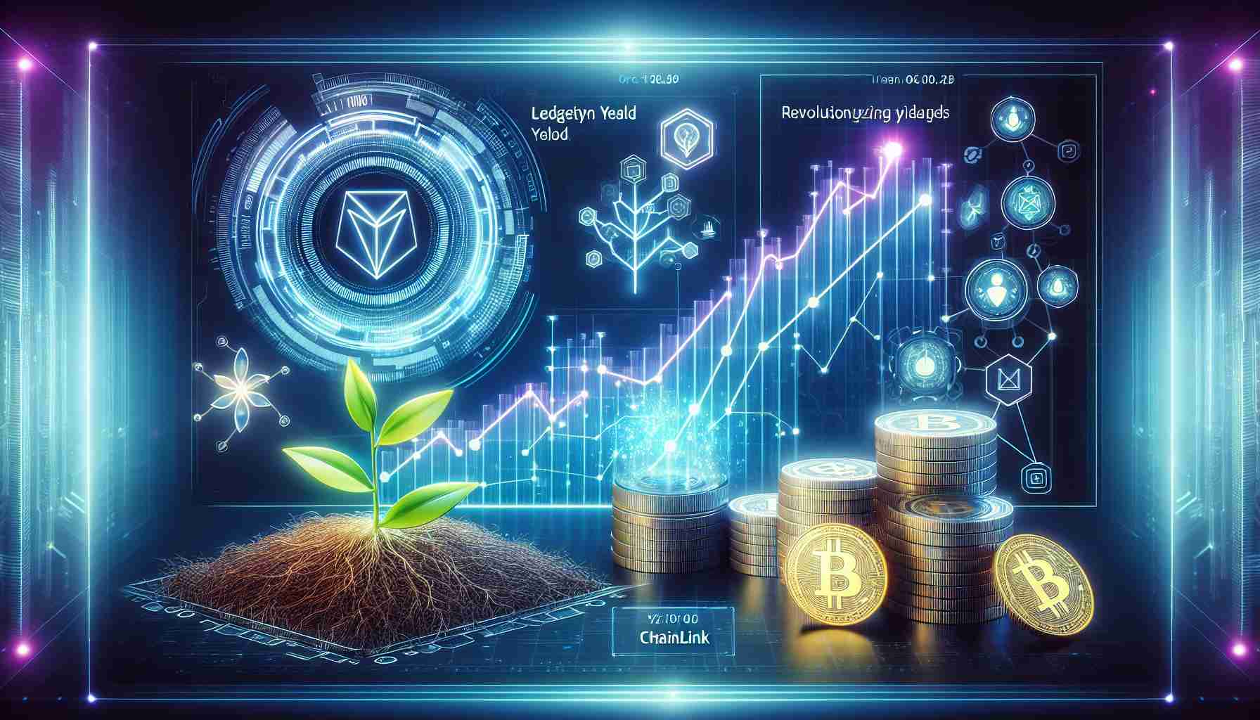 Generate a high-definition, realistic image that visually represents the concept of revolutionizing stablecoin yields using Ledgity Yield and Chainlink. Include elements such as digital coins, symbols of growth (like a rising graph line or a blooming plant), and possibly a futuristic setting to represent innovation and progression.