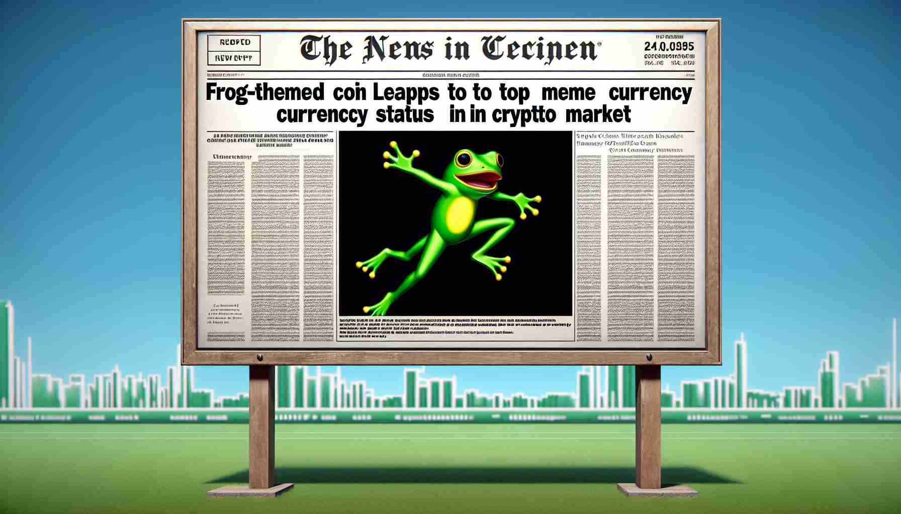 Generate a realistic, high-definition image of a green cartoon-like frog, tokenized as a coin, leaping upwards triumphantly with a headline in digital text: 'Frog-themed Coin Leaps to Top Meme Currency Status in Crypto Market'. The backdrop should be a simple graphical representation of a cryptocurrency market scene.