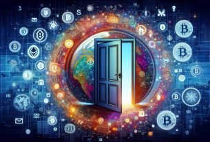 Generate a realistic high-definition image representing a symbolic entry of the company named 'Tap Global' into the U.S. cryptocurrency market through a strategic partnership. This image could involve a visual metaphor such as a door being opened to a vibrant digital world filled with symbols that represent cryptocurrencies like Bitcoin and Ethereum, and symbols representative of the U.S. market and strategic alliances.