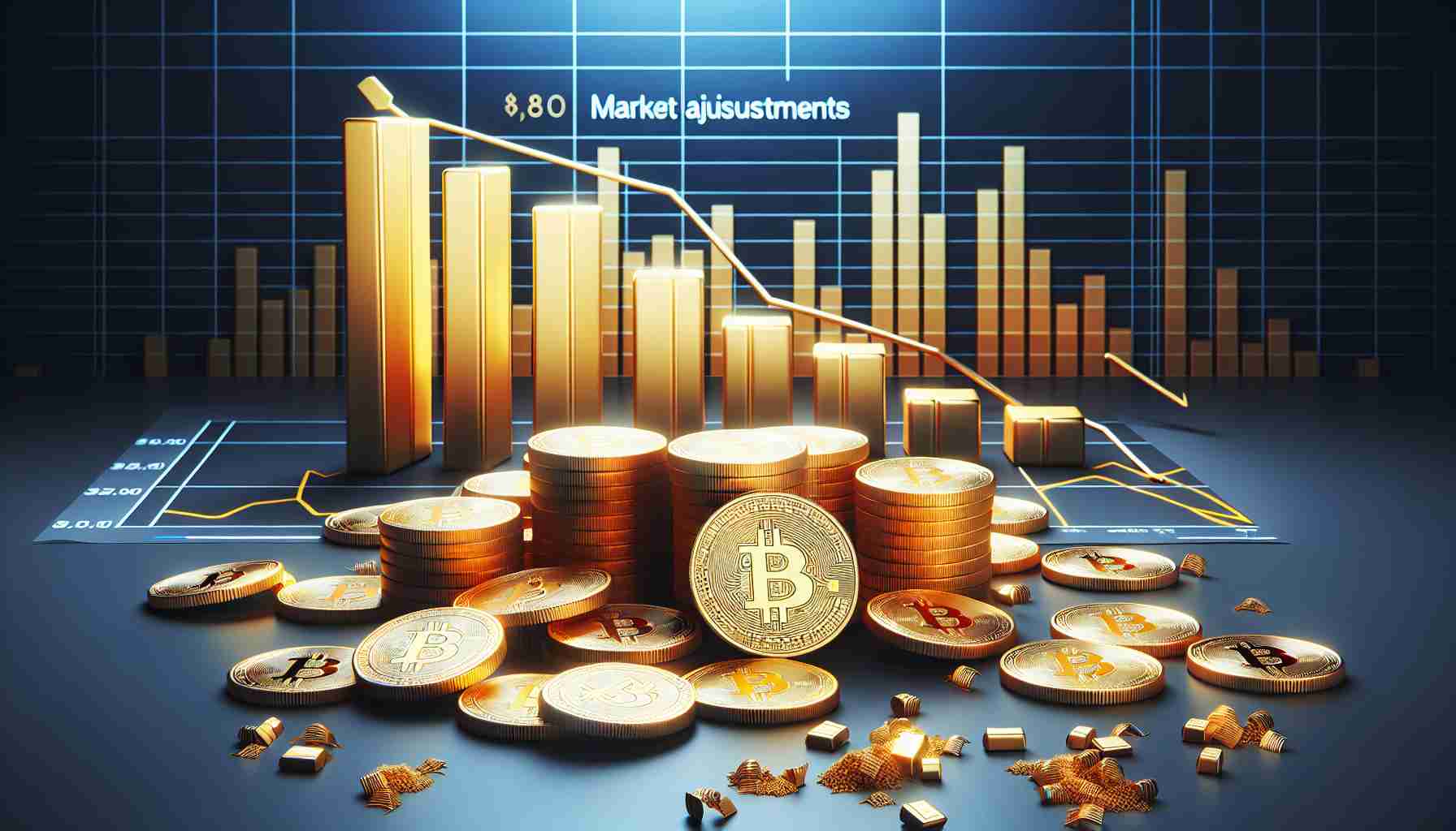 Realistic high-definition image of a metaphorical representation of Bitcoin with fewer active users due to changes in the market. Perhaps, show golden Bitcoin tokens scattered around, with some being left untouched, signifying the drop of the active users. A bar graph in the background might symbolize the term 'Market Adjustments', representing dips and highs of the market.