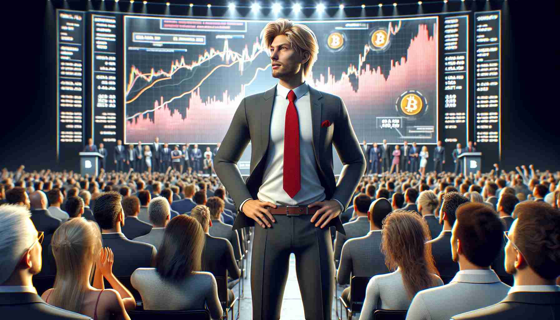 HD realistic image of a male public figure with blond hair and a red tie, who evokes a powerful and energetic atmosphere at a cryptocurrency conference. He stands confidently, possibly indicating his bullish predictions for the market. The background should include a large screen showing complex financial graphs and Bitcoin-related symbols. The crowd is filled with anticipation, comprising diverse individuals from different genders and descents.