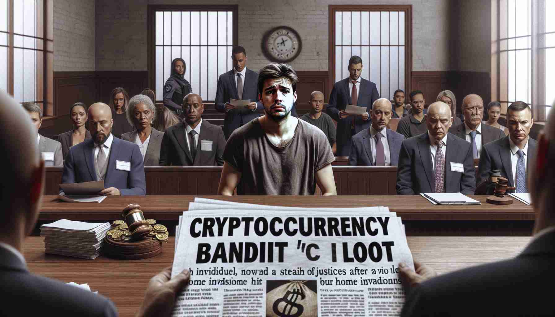 Generate a realistic high definition image of a scene where an individual, known as the 'Cryptocurrency Bandit', is facing justice after a streak of violent home invasions. The individual is a caucasian male, appearing forlorn and regretful. He is in a courtroom setting, surrounded by legal professionals and a diverse jury of his peers, including Black, South Asian, Hispanic, and Middle Eastern individuals of mixed genders. There are newspaper headlines in the foreground, specifying the severity of his crimes, his nickname, and the ground-breaking nature of the trial due to the cryptocurrency nature of the loot.