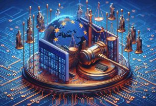 Generate a high-definition, realistic image conveying the idea of regulatory landscapes causing a delay in the advancement of artificial intelligence innovations by a leading tech corporation in Europe. The image could incorporate symbols for regulation, such as paperwork, gavels or scales of justice, and symbols for AI, such as circuit patterns or code. Europe can be represented by famous landmarks or the European Union flag.