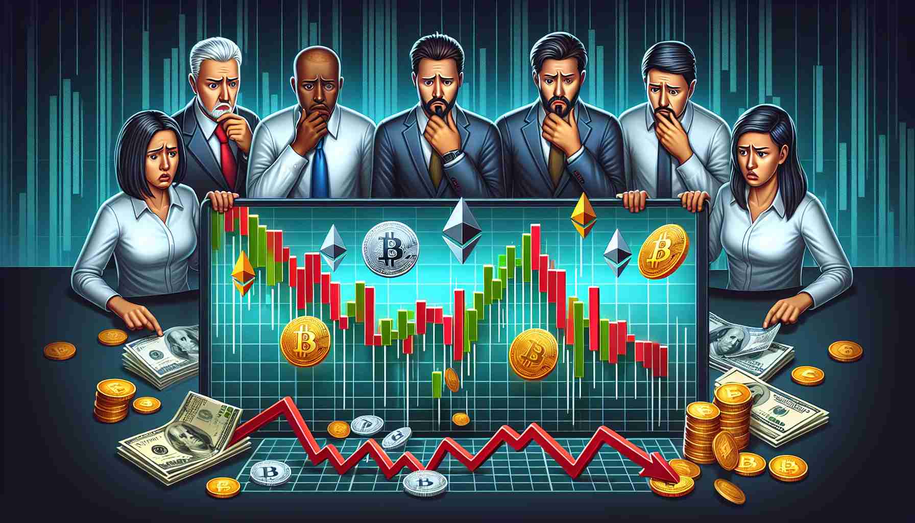 Create a high definition image that illustrates the concept of investors withdrawing from the cryptocurrency market. It should be realistic and detailed, showcasing graphs with declining trends, currencies like Bitcoin and Ethereum symbolized as falling objects, and investment portfolios turning from green to red. Display investors, both men and women of various descents like Asian, Hispanic, Caucasian and Black, showing expressions of concern as they observe the market downturn on their digital screens.