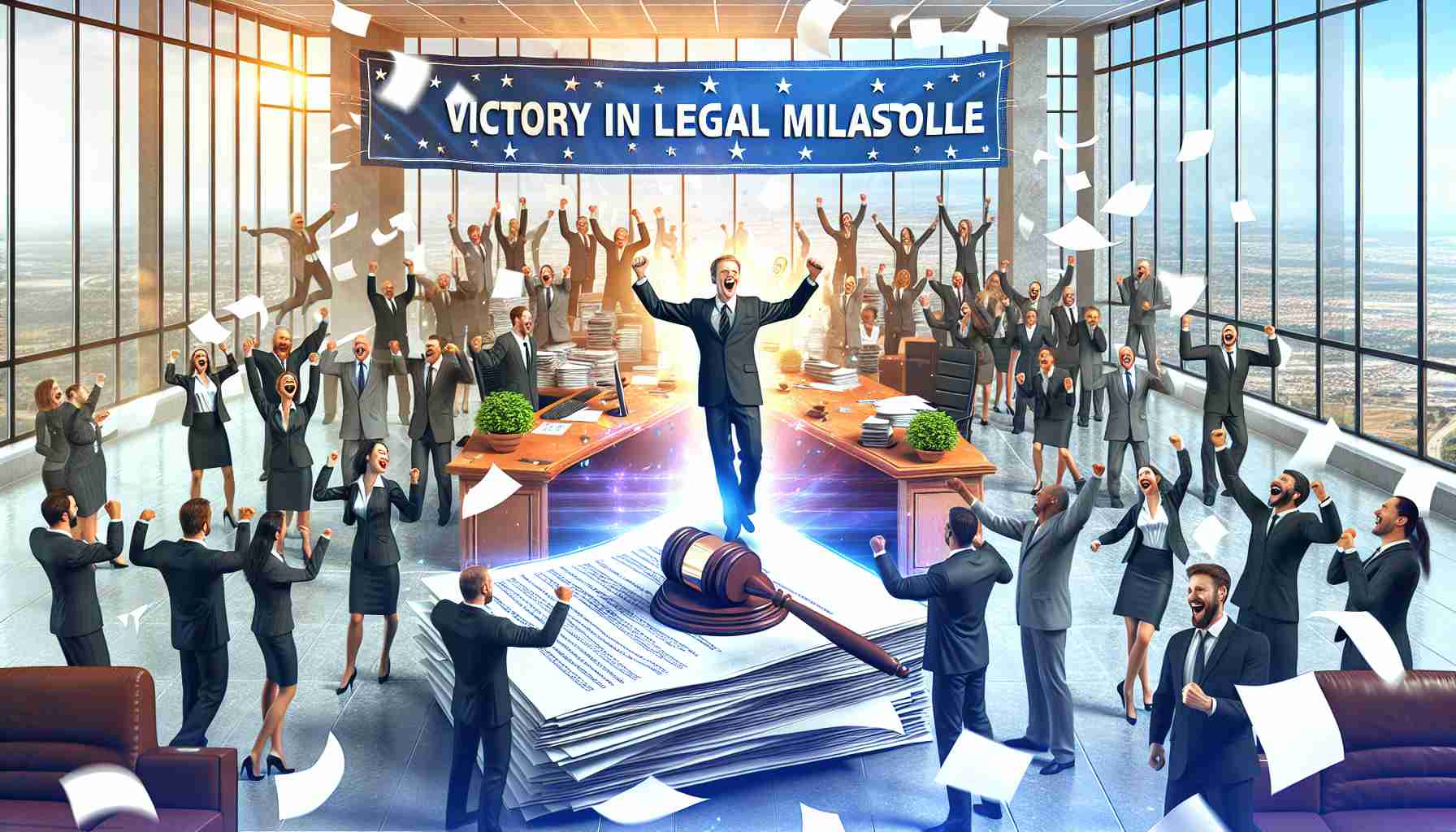 Generate a realistic HD image of a large organisation celebrating a legal milestone in a regulatory dispute, showcasing jubilant employees, a festive atmosphere in the office, a banner that reads 'Victory in Legal Milestone', and papers scattered in the air as a symbol of triumph.