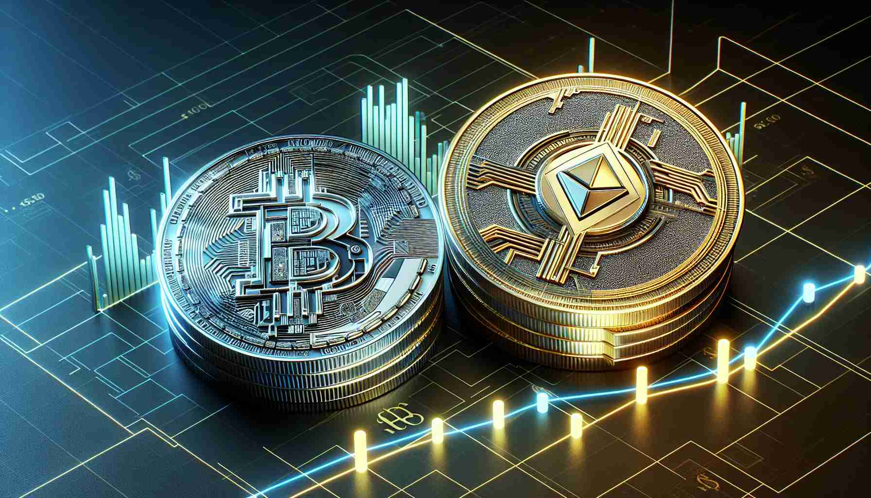 Generate a realistic high-definition image displaying two unidentified yet promising cryptocurrency coins below $1 value. The coins are conceptualized to be worthy of a $500 investment. One coin is silver in color and embossed with futuristic patterns, while the other is gold with an abstract design. They both sit atop a graph showcasing the potential exponential value increase in the crypto market.